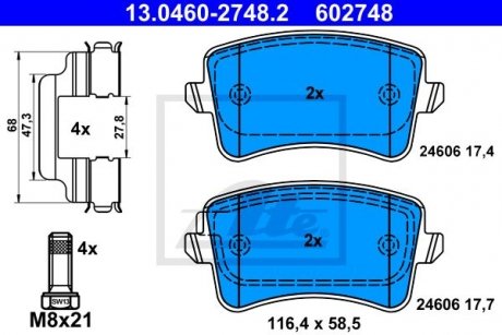 Комплект гальмівних колодок з 4 шт. дисків ATE 13.0460-2748.2 (фото 1)