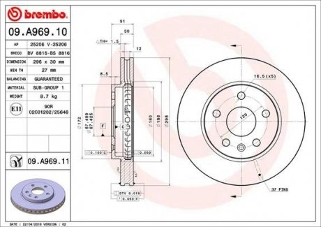 Диск гальмівний BREMBO 09.A969.10 (фото 1)