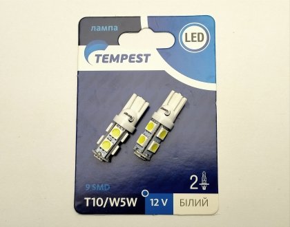 Лампа б/ц LED Т10 12V 9 диодов белая WHITE кукурузка (к-т 2 шт) TEMPEST TP-215T10-12V (фото 1)